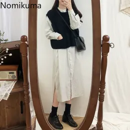 Nomikuma Solid Color Two Piece Set Kobiety Stojak Kołnierz Z Długim Rękawem Paski Dress O Neck Waistcoat Koreański Vintage Stroje 3C646 210514