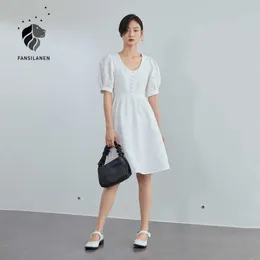 FANSILANEN The White Dress Puff Short Sleeves Woman Summer Texture Sexy For Undefined 210607