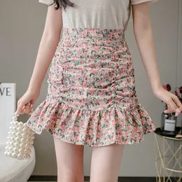 ハイウエストフローラルアラインスカート女性夏の韓国の短いカワイイミニマーメイドの折りたたみスカート女性服Faldas Mujer Moda 210604