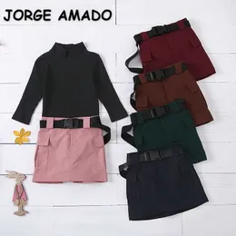 Miúdos da primavera 2 pcs conjuntos waffle alta colarinho mangas compridas suéter + saia reta com correia meninas roupas E3058 210610