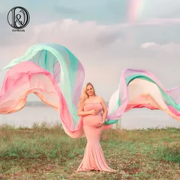 Donjudy Ny Pastel Rainbow Chiffon Long Dress Cloak Cape Maternity Gravid Kvinna Klänningar Maternity Fotografi Props Q0713