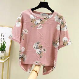 Korea Vit T-shirt Kvinnor Kläder Sommar Kortärmad Blomstryck Casual Tshirt Kvinna Toppar Bomull Tee Femme 210604