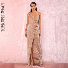 LOVE&LEMONADE Sexy Rose Gold Deep V-Neck Whit Split Sequins Party Maxi Dress LM81849 210325