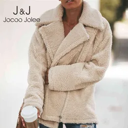 JOCoo Jolee Kobiety Zima Elegancki Faux Fur Coat Causal Anglia Styl Płaszcz Gruby Ciepły Zipper Up Teddy Plus Size Znosić 210518