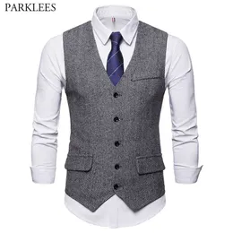 Grå Mäns Sillben Tweed Suit Vest Brand Slim Fit Ärmlös Waistcoat Man Tappning Gentleman British Dress Vest 210522