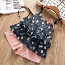 Summer Girls' Clothes Suit Layered Chiffon Flower Printed Sling Bow Tops and Shorts 2PCS Baby Kids Clothing Set 210611