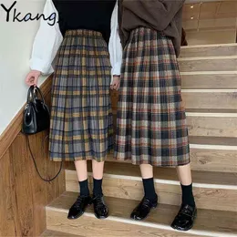 Frauen Plaid Röcke Winter Warme Wolle Hohe Taille Falten Rock Harajuku Studenten Mädchen Kawaii Lange Koreanische Saia Midi 210421