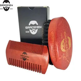 MOQ 100 Set Logotipo Personalizado Kit de Care Beard para Face / Cabeça de Cabelo Escova de Madeira Vermelha e Dual Sides Comp conjuntos com caixa de presente preta personalizada