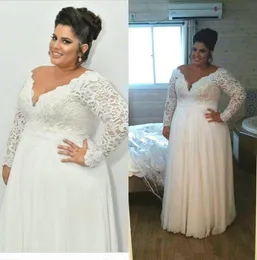 Bohemian plus size vestidos 2021 barato manga longa com decote em v uma linha rendas vestidos de noiva até o chão praia vestido de casamento