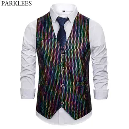 Gilet scintillante con paillettes arcobaleno Maschile Slim Fit con scollo a V Paillette Vest Mens Club Party Wedding Prom Costume per cantanti Ballerini 210522