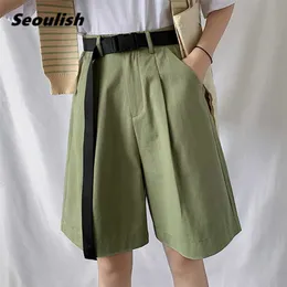 Seoulish Summer Women Casual Cargo Half Pants con cintura a vita alta Chic Wide Leg Pant Elegante tasca dei pantaloni larghi 211118