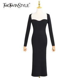 Sexy Strickkleid für Frauen Quadratischer Kragen Langarm Hohe Taille Schlanke schwarze Kleider Weibliche Modekleidung 210520