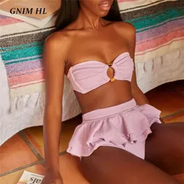 Gnim Sexy Bandeau水着女性Ruffle Bikini Mujer夏2個固体ピンク水着プッシュアップBather Suit 210625