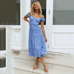 Blue Broken Flowers Midi Dress Ruffles Off Shoulder Sexy Elegant Vestidos Mujer Vintage Print Summer Dress Women Beach Dresses 210507