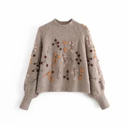 Casual Woman Camel Loose Embroidery Beading Sweater Spring Fashion Warm Knitwear Female Vintage Oversized Pullover 210515