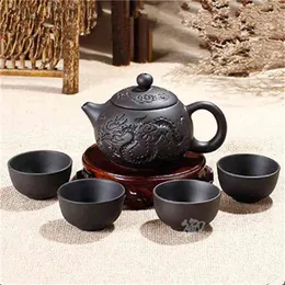 Clay Kung Fu Bule 150 ml Yixing Zisha Kinesisk porslin Tea + 3 Kopior Cup Handgjorda Dragon Keramisk Vattenkokare 210813