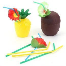 Vingglasögon 12st/parti ananas kokosnötskoppar fruktform juice party dricka med blommor sugrör för hawaiian luau sommarstrand