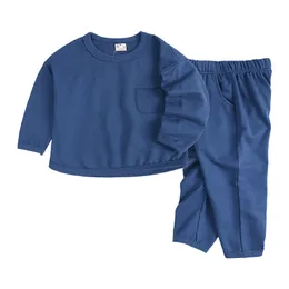 秋の2pcs子供用服セット女の子の男の子のためのソリッドルーズロングスリーブスウェットシャツ+パンツキッズトラックスーツ