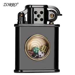 Zorro Novo Creative Dice Moing Roda Kerosene Isqueiro Light Light Óleo à prova de vento Óleo de gasolina isqueiro Gadgets para homens