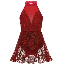 6-14y Dziewczyny Dziewczyny Łyżwiarstwo Figurowe Dress Bez Rękawów Hollow Back Lace Mesh Patchwork Cekiny Łyżwiarstwo Balet Taniec Leotard Dress G1026