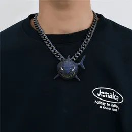 Same Large Size Blue Shark Pendant Necklace Zircon Diamond Inlay Exaggerating Men's Hip Hop Jewelry Gift