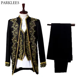 メンズゴールド刺繍3ピースタキシードスーツ（ジャケット+パンツ+ベスト）パーティーウェディングフェスティバルコスチュームHomme Singer Opera Stage Suit Jacket 210522