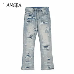 Hip Hop Hop Traved Streetwear Ripped Flared Jeans Biker Dostosowany Haftowany Haftowane Umyte Zniszczone Hole Flare Denim Spodnie dla mężczyzn 211108