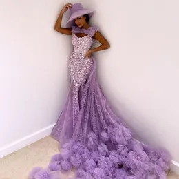 Abiti da ballo a sirena senza schienale color lavanda con scollo rotondo staccabile Abiti da sera in pizzo con applicazioni Abito formale in tulle arruffato