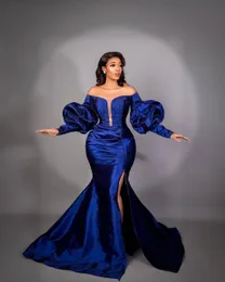 2021 Arapça Seksi Abiye Giyim Omuz Illusion Şair Uzun Kollu Kraliyet Mavi Kristal Boncuk Yan Bölünmüş Mermaid Balo Elbise Parti Pageant Örgün Önlükler
