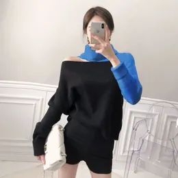 LLZACOOSH Winter Koreanische Chic Sexy Off-Schulter Rollkragen Langarm Aushöhlen Pullover frauen Casual Lose Top 210514