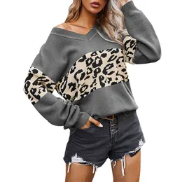 High Street Fashion Knit Tröja Kvinnor Höst Vinter Enkel V-Neck Color Casual Leopard Sweater Kvinnor Pullovers 210514