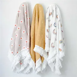 Organic Cotton born Muslin Swaddle Baby Fashion Soft Fringe Wrap Blanket Cute Print Bebe Stuff Pielucha Bambusowa 211105