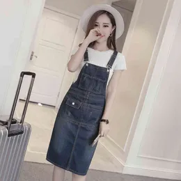 Lucykever Korean Women Denim Dress Moda Lato Szelki Bez Rękawów Dżinsy Midi Dress Casual Plus Size Cotton Vestidos S-5XL X0521