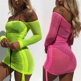 Jesień z długim rękawem Plaża Styl Neon Sukienka Seksowna Siatka Sheer Bodycon Sukienka Damskie Przezroczyste Odwiedzone przez mini Krótkie Vestidos 210719