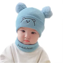 Bebek Eşarp Kap Set Sevimli Ayı Desen 2 Hairball Beanies Kapaklar Kış Kalmak Sıcak Örme Eşarp Toddler Anti Soğuk Suit 9 5fk L2