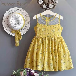 Tjejer kläder sätter sommar blomma mönster klänning + sol hatt flicka design splicing gasbind skiktad klänning 210611