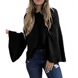 Höstkvinnor Big Flare Sleeve Pullover Tröjor Långärmad O-Neck Black Sweater Pull Femme Nouveaute Jumper Mujer 210604