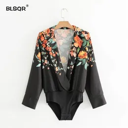 BLSQR 빈티지 V 넥 플로랄 패턴 Bodysuit 크로스 오버 디자인 느슨한 긴 소매 재생 캐주얼 세련된 탑스 Blusas 210430