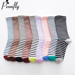 Socks & Hosiery PEONFLY Retro Stripe Casual Cotton Women 2021 Autumn Winter Fashion Multi-color Stitching Funny Cute Pile Heap