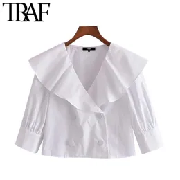 여성 달콤한 패션 단추와 흰 블라우스 빈티지 랜턴 슬리브 ruffled 여성 셔츠 세련된 탑 210507