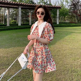 夏のエレガントな女性シフォン花のビーチドレス韓国の半袖カワイイAラインミニフェムデローブ210514