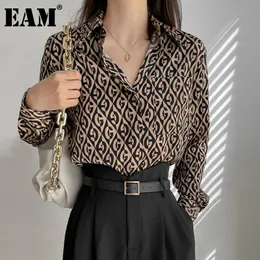 [EAM] Kobiety Brązowy Drukuj Duży rozmiar Casual Bluzka Lapel Z Długim Rękawem Loose Fit Fit Moda Wiosna Lato 1DD7330 210512