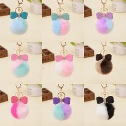 Moda Fluffy Rabbit Futro Podwójne Color Ball Blue Chain Bow-Knot Pompom Fur Keychain Kobiety Torba samochodowa Kluczowy pierścionek