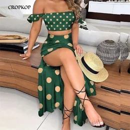 Plus Size Lato Dwuczęściowe Zestaw Kobiet Spódnica Sexy Off Ramię Topy Casual High Waist Slit Długie Mody Boho Drukuj stroje 220302