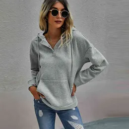 Bluzy Kobiety Casual Solid Hood Drawstring Button Z Długim Rękawem Bluzy Pulowers Jesień Moda Ladies Kieszonkowy Bluza Topy 210507