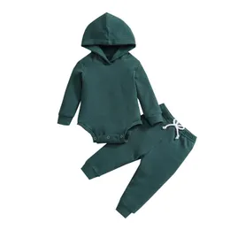 Zestawy odzieżowe Urodzony Niemowlę Baby Boy Girl Jesień Kombinezon Outfit Solid Color Długie Rękawy Z Kapturem Romper i Spodnie sznurkowe Zestaw 0-24m
