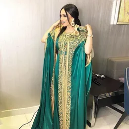 케이프 랩 아플리케와 함께 헌터 그린 모로코 카프탄 이브닝 드레스 레이스 무슬림 무도회 가운 두바이 아라비아 여자 파티 드레스