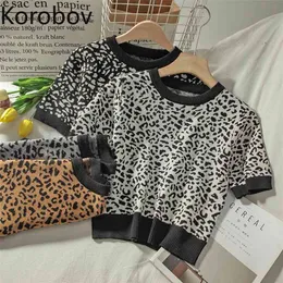 Korobov vintage leopard mulheres jumper femme coreano manga curta suéteres outono inverno curto sexy sueter muster 210430