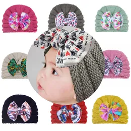 Autumn Winter Knitted Knitted Baby Hat Baby Girls Candy Color Bow Headband Print Bow Knotted Soft Elastic Newbon Cap Headwear