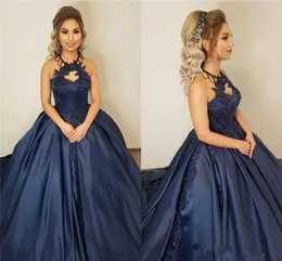 Vestido de bola de tamanho grande azul vestido de bola de bola Quinceanera Aplique Sweet 15 Halter Halter Backless Sweep Train Formal Celebrity Gowns Poment Dress S